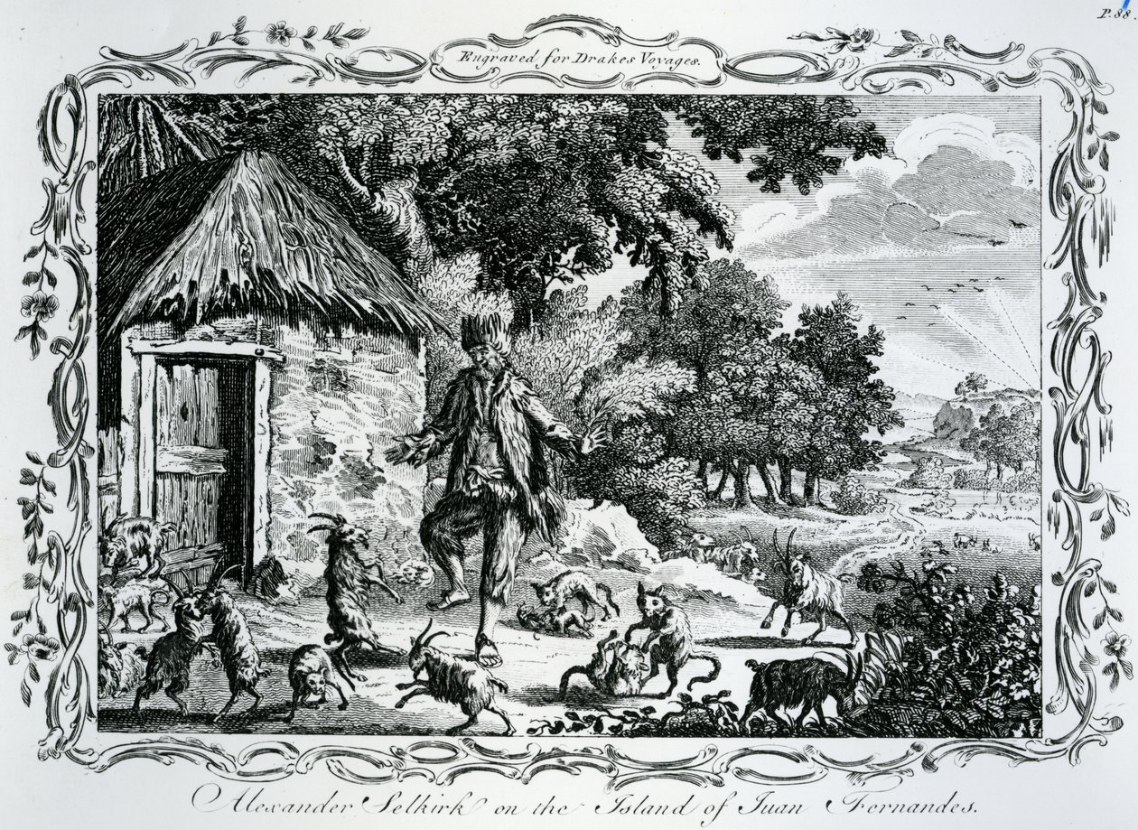 Alexander Selkirk na ostrově Juan Fernandez, publikoval v 