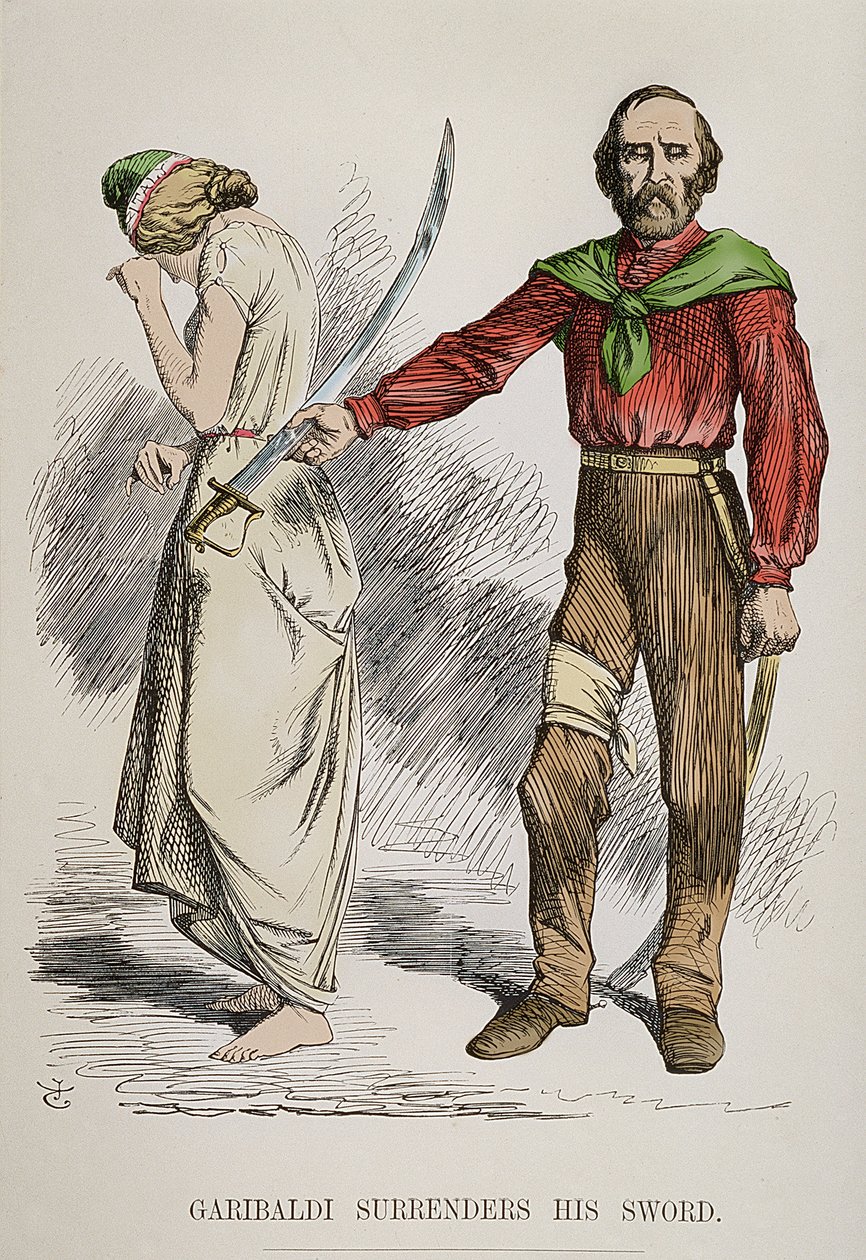 Alegorie Garibaldiho, jak odkládá svůj meč a opouští Řím, 1849 od English School