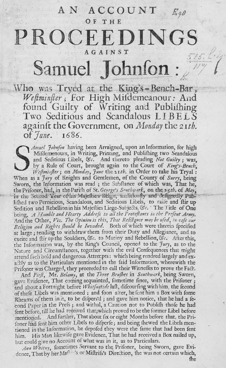 Zpráva o řízení proti Samuelu Johnsonovi, 1686 (tisk) od English School