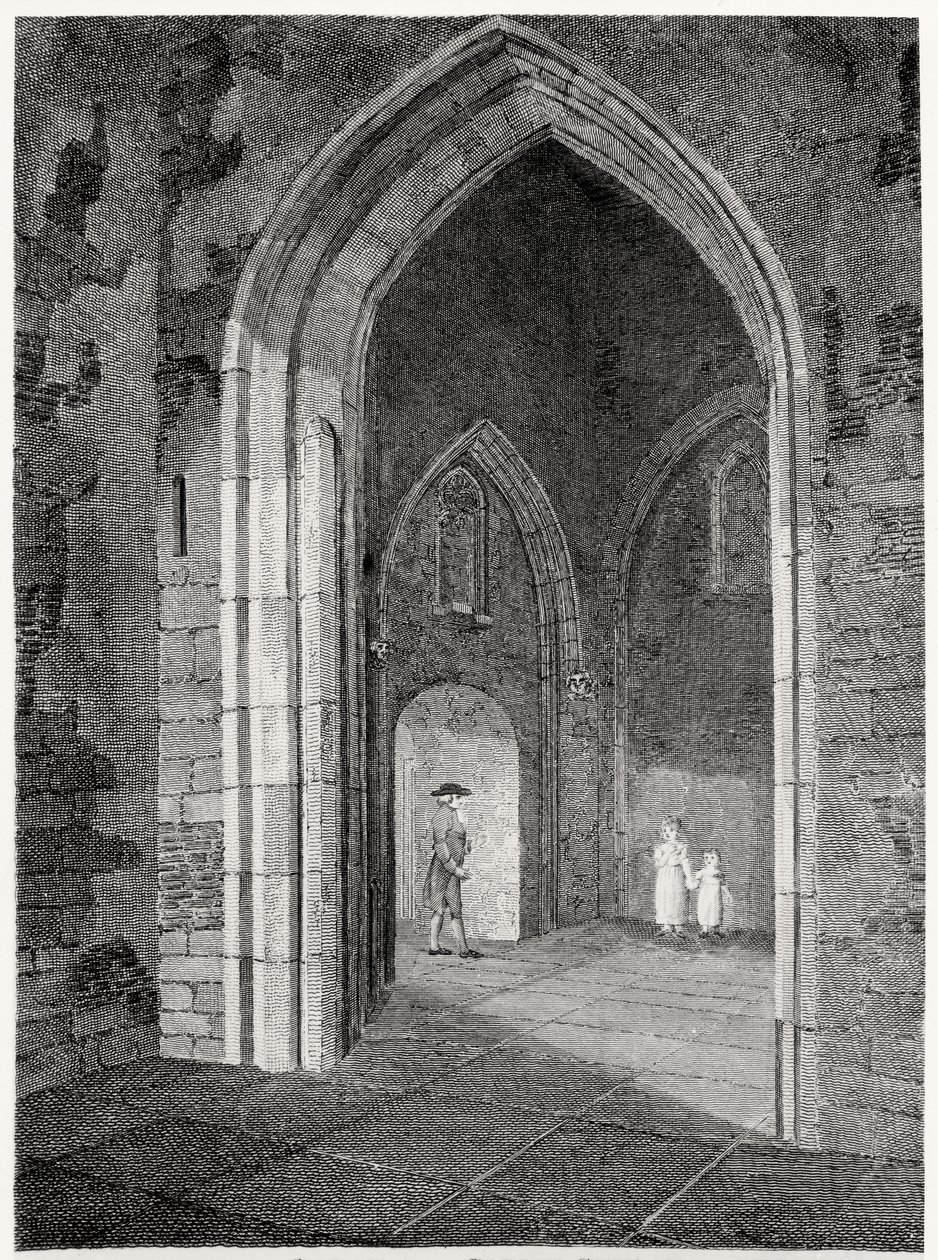 Vnitřní pohled na verandu farního kostela St. Alphage, Londýnská zeď; dříve kaple převorství Elsynge Spital, hospoda. Robert Wilkinson, 1815 od English School