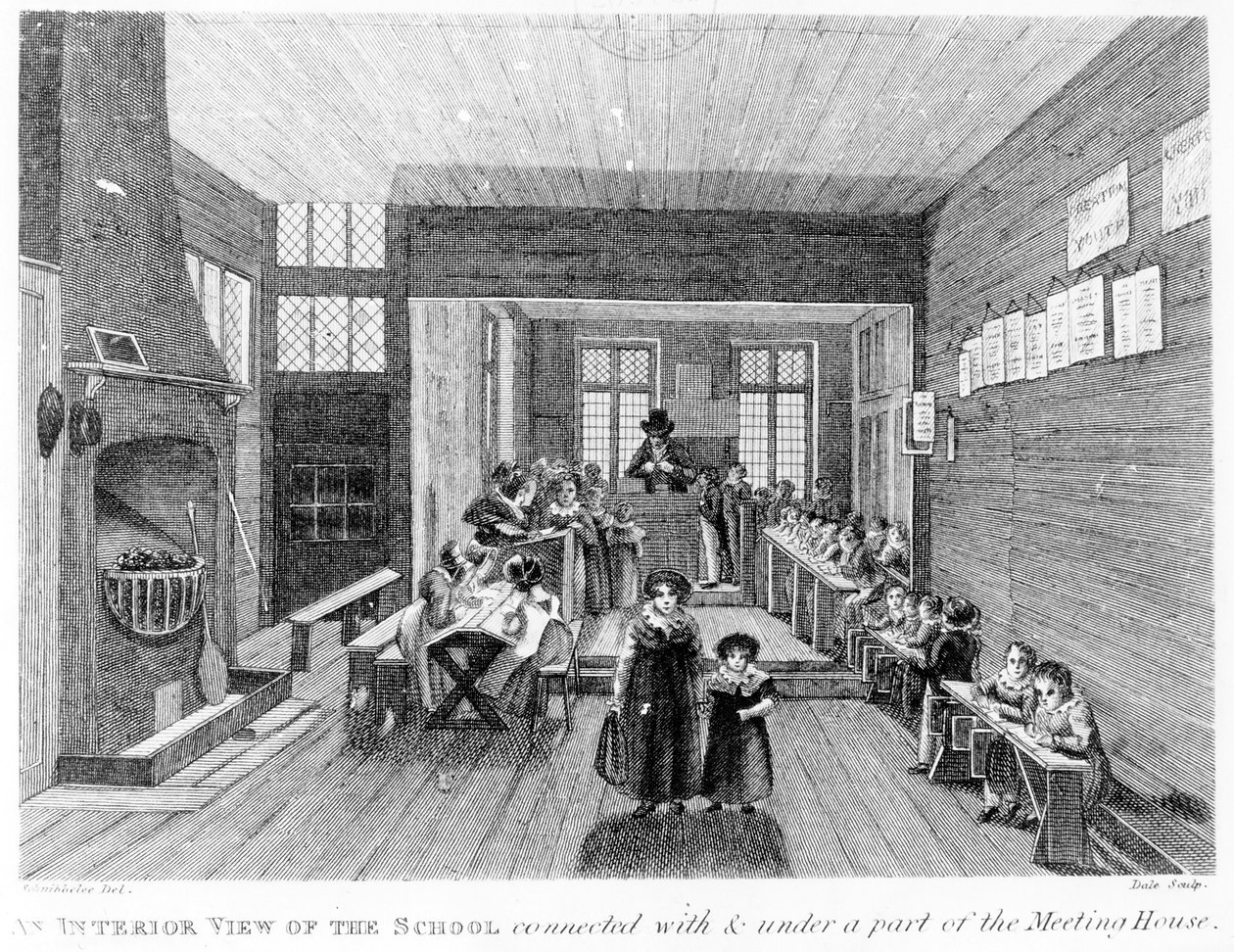 Vnitřní pohled na školu publikoval R. Wilkinson z 125 Fenchurch St., Londýn, 1822 od English School