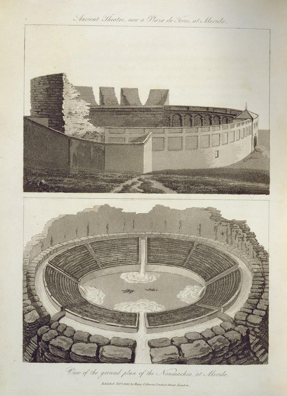 Ancient Theatre, nyní Plaza de Toros, a Pohled na půdorys Naumachie, v Merida, hospoda. Henry Colburn, 1816 od English School