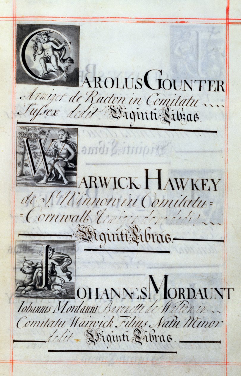 Archiv 3693 f.62 Stránka se seznamem tří dárců New College v Oxfordu: Carolus Gounter, Warwick Hawkey a Johannes Mordaunt, z knihy dárců, 16812-84 (pero a tuš) od English School