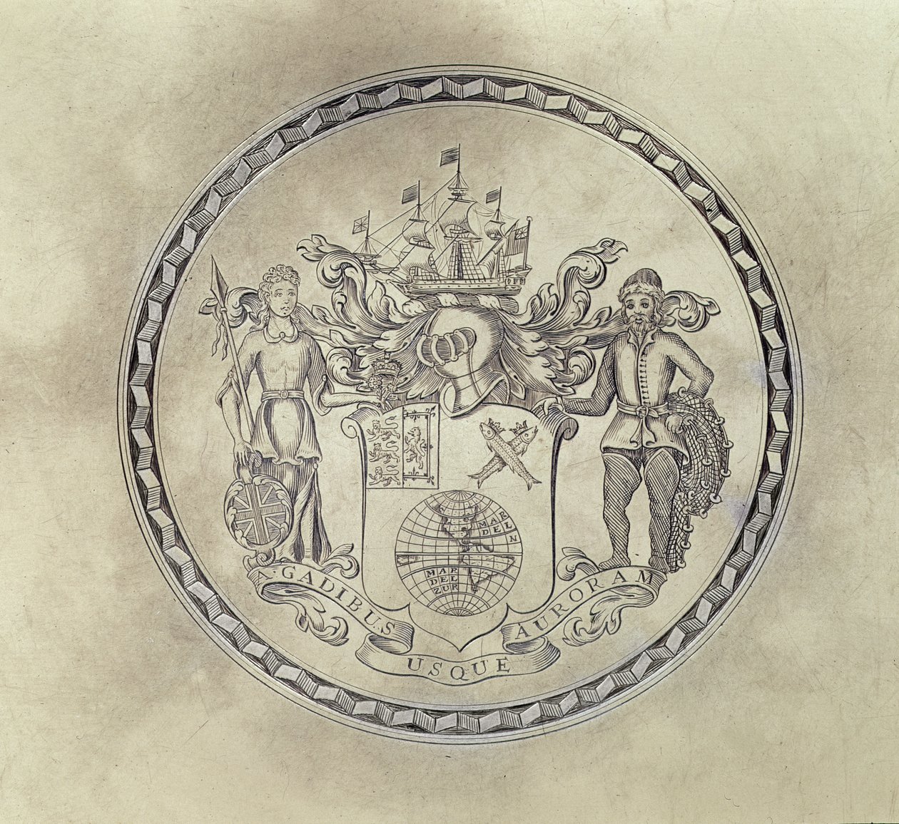 Armorials of the South Sea Company, ryté na podnose, 1714 (stříbrně zlacené) od English School