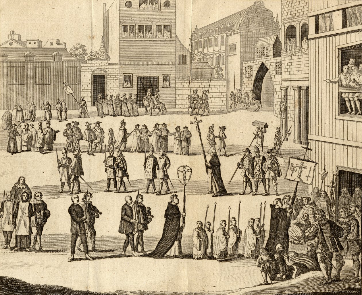 Auto de Fe ve Španělsku, z „Universal Magazine“, vydaného v roce 1749 od English School