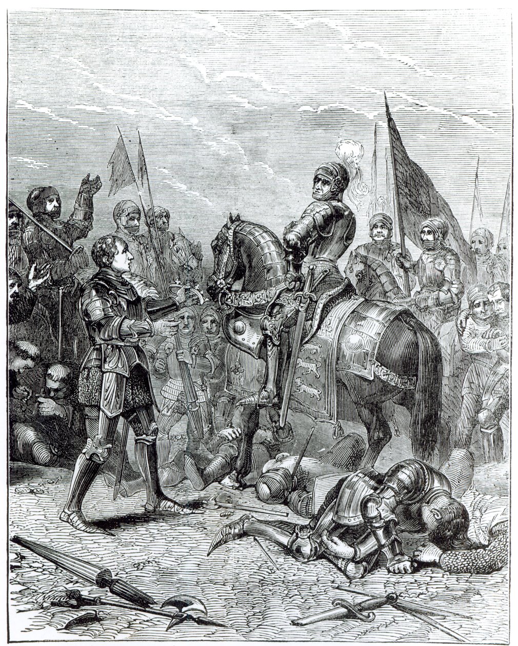 Bitva o Bosworth Field: Lord Stanley přináší korunu Richarda III. (1452-1485) do Richmondu, 22. srpna 1485 od English School