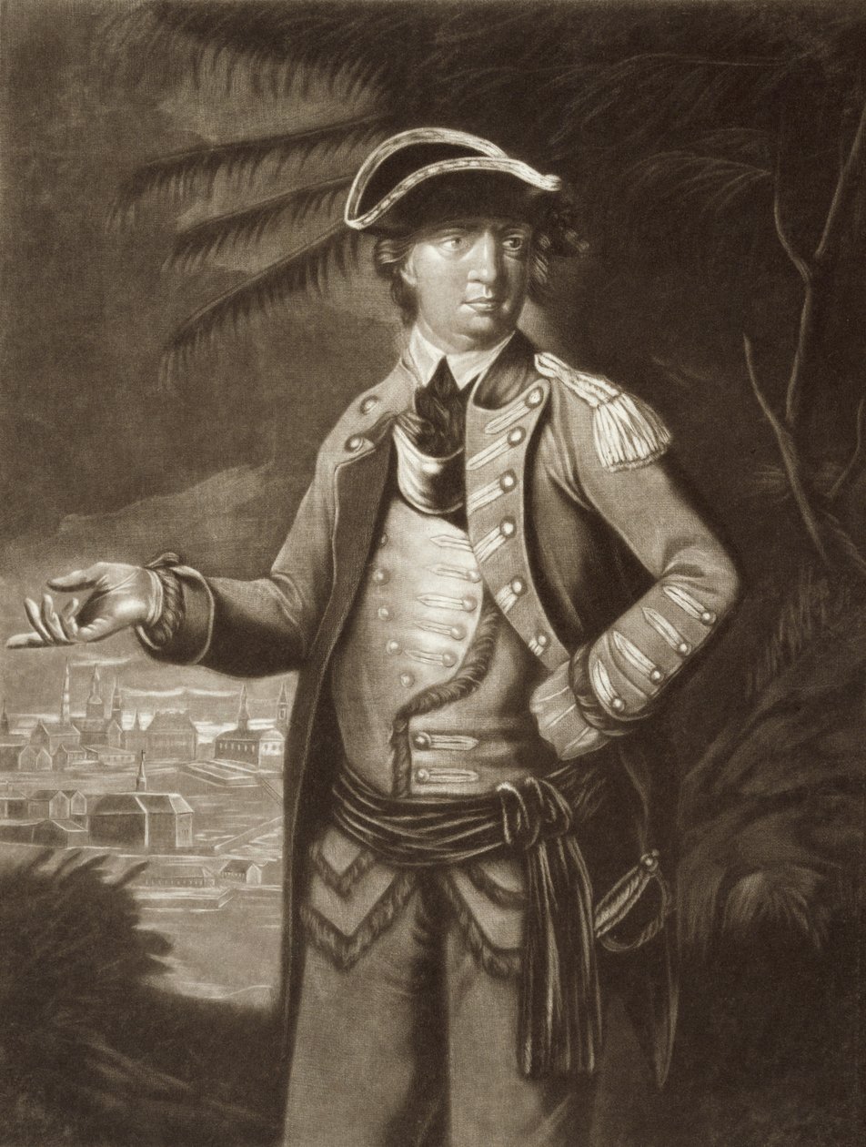 Benedict Arnold, po portrétu z roku 1766 s Quebecem v pozadí od English School