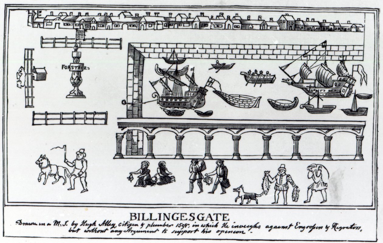 Tržnice Billingsgate, Londýn, podle původní kresby z roku 1598 od English School