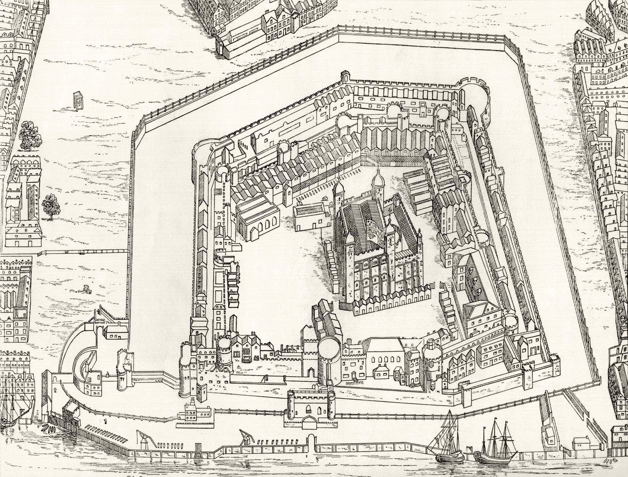 Pohled z ptačí perspektivy na Tower of London v roce 1688, z 