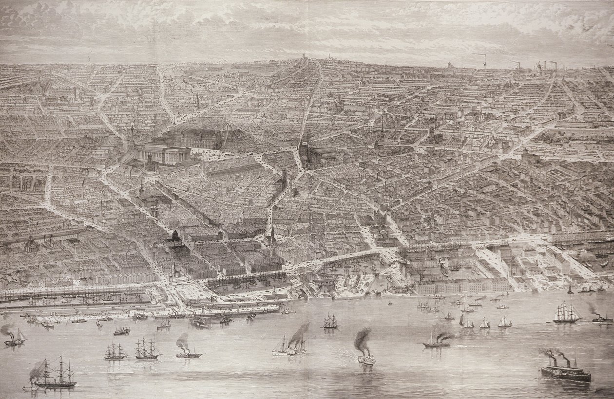 Pohled z ptačí perspektivy na Liverpool z Mersey se všemi novými budovami, z „The Illustrated London News“, 15. května 1886 od English School