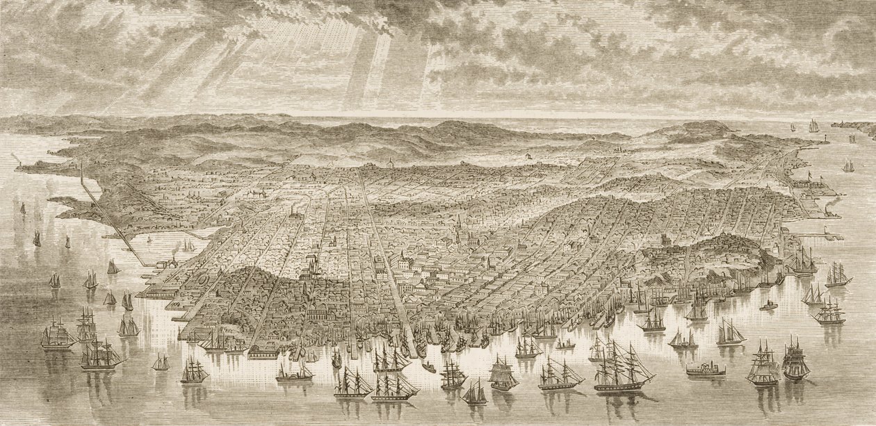 Pohled z ptačí perspektivy na San Francisco, 1875, z 