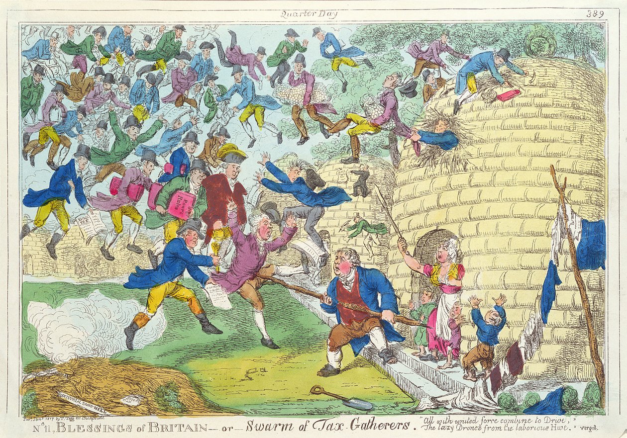 Blessings of Britain – aneb Swarm of Tax Gatherers, 1817 (barevný lept) od English School