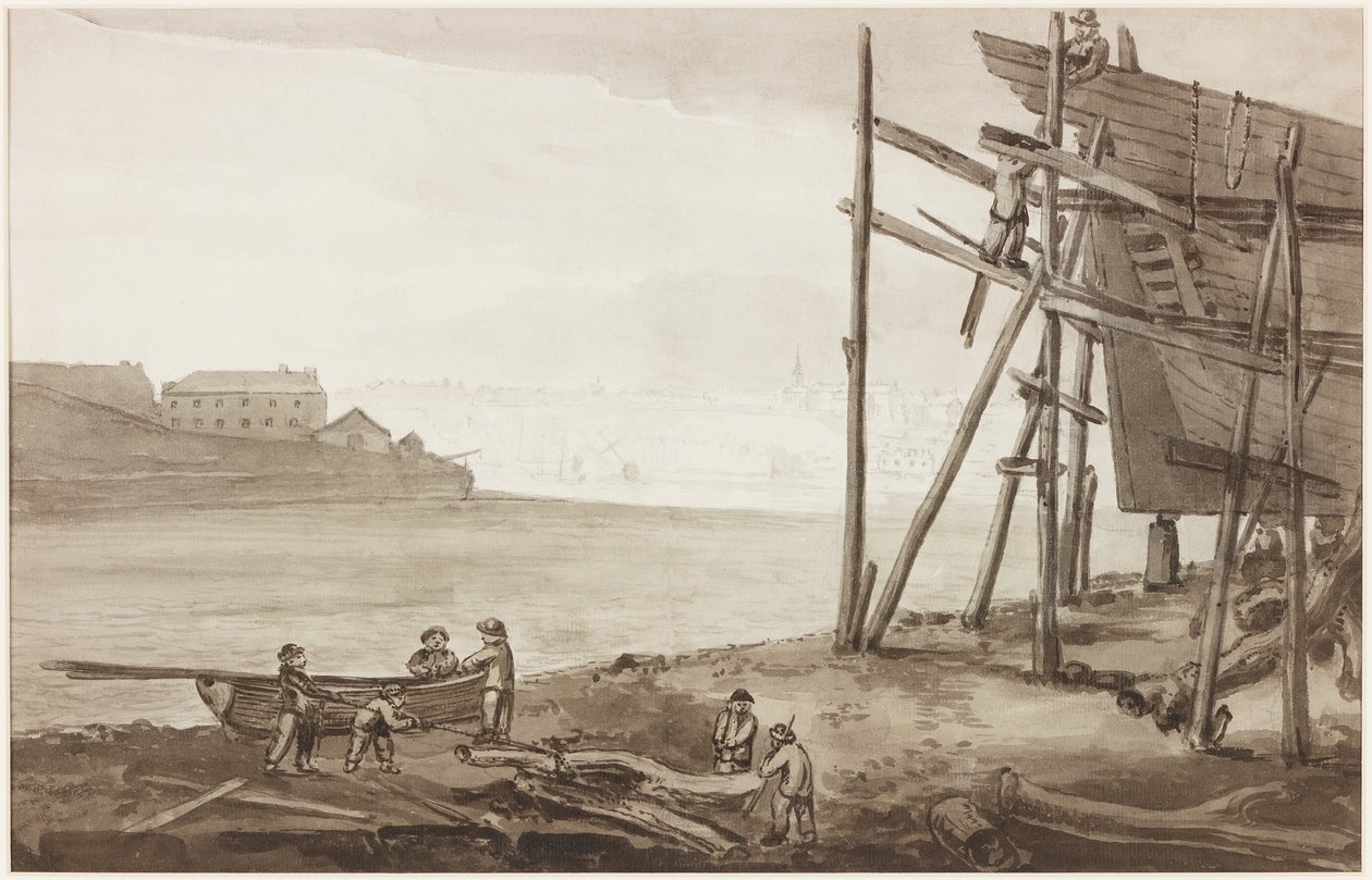 Stavitelé lodí na Tyne, 1820 (tužka a mytí (hnědá) na papíře) od English School