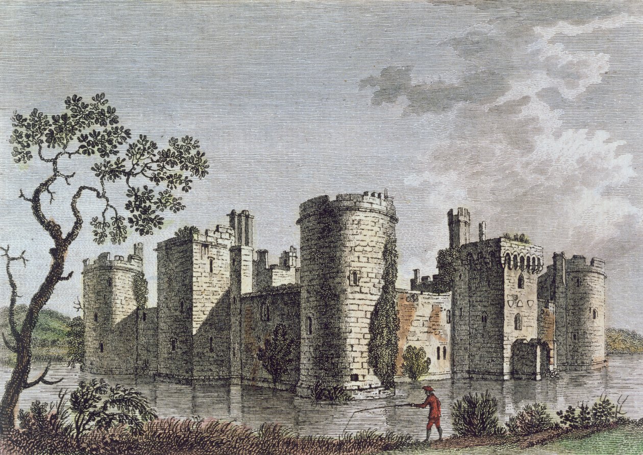Hrad Bodiam, Sussex, 6. července 1777 (barevná rytina) od English School