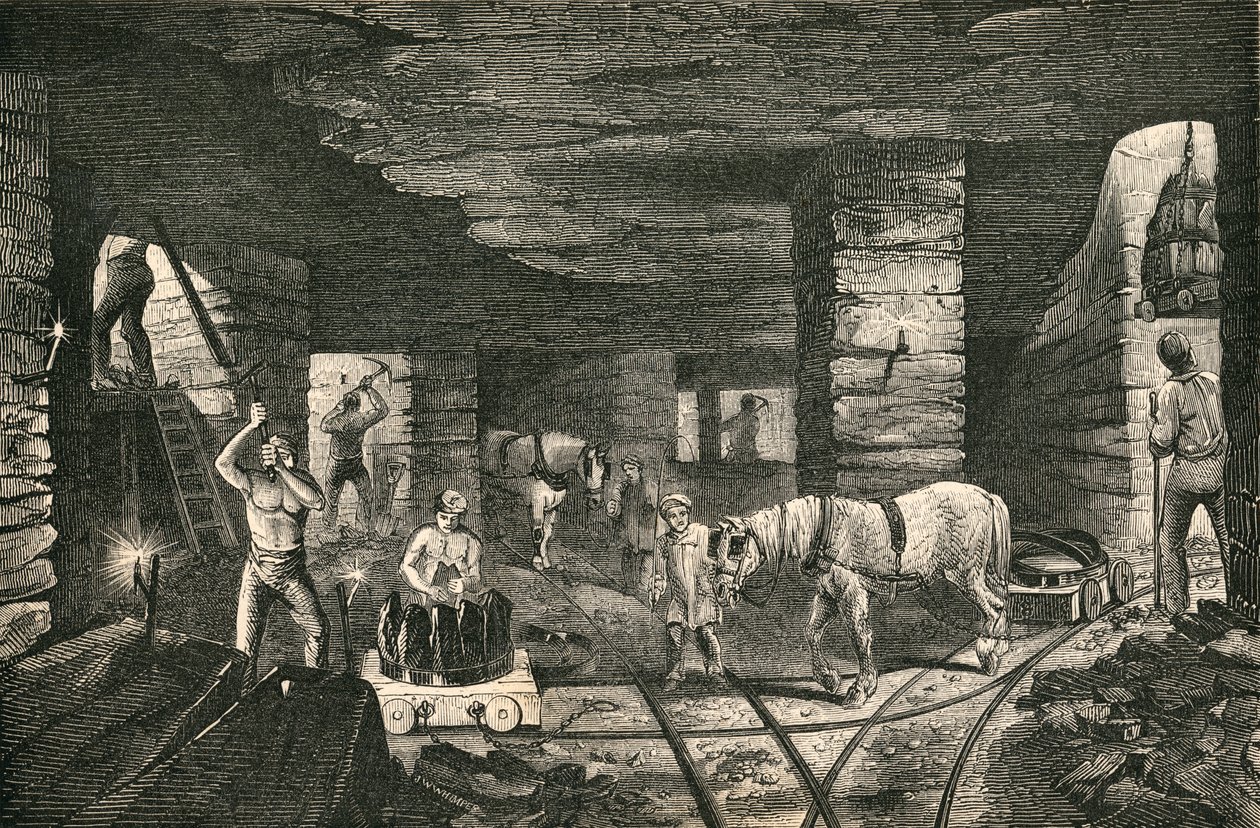 Bradley Coal Mine, poblíž Bilstonu, Anglie, z „Cyklopedie užitečných umění a manufaktur“ od Charlese Tomlinsona od English School