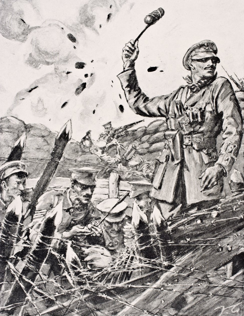 Britský důstojník vrhající granáty ze zákopu na útočící Němce, z ‚The War Illustrated Album deLuxe‘, vydané v Londýně, 1916 od English School