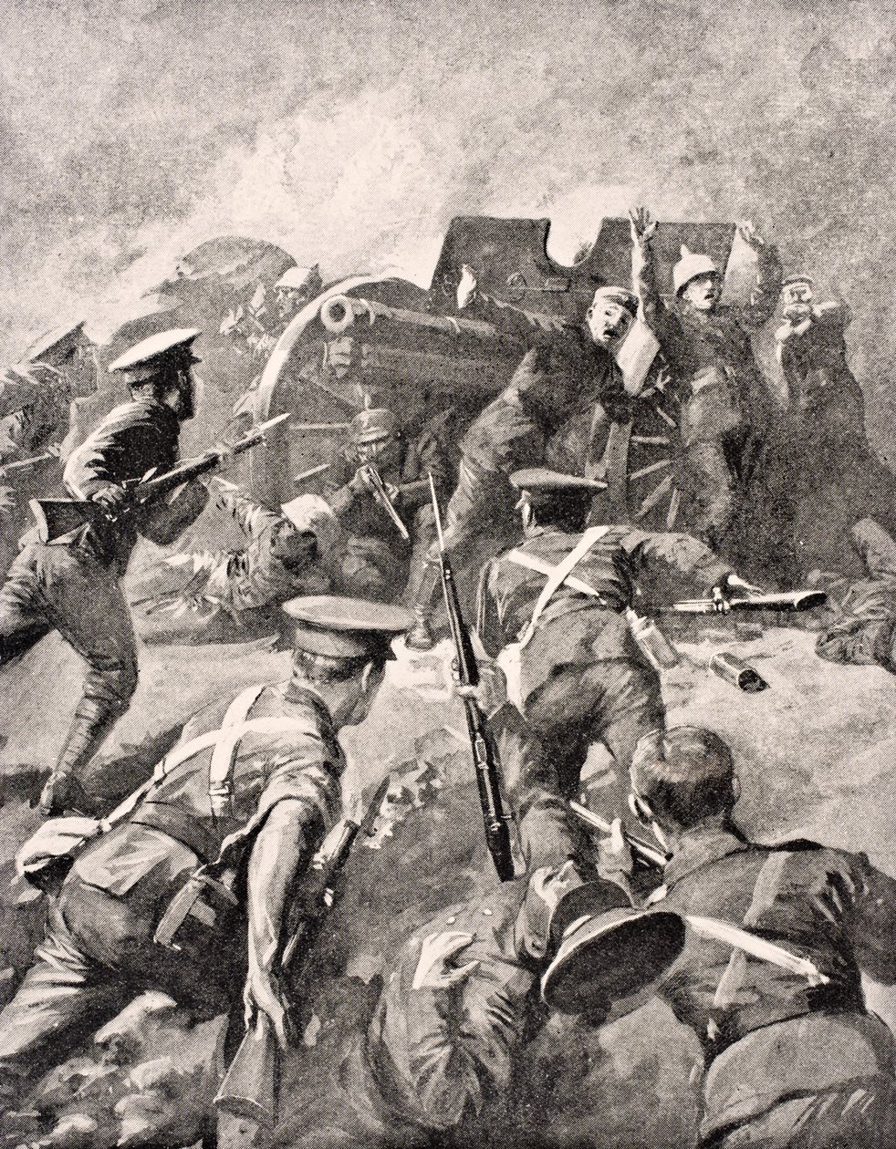 Britští vojáci nabíjejí bajonety německým střelcům z „The War Illustrated Album deLuxe“, vydaného v Londýně, 1916 od English School
