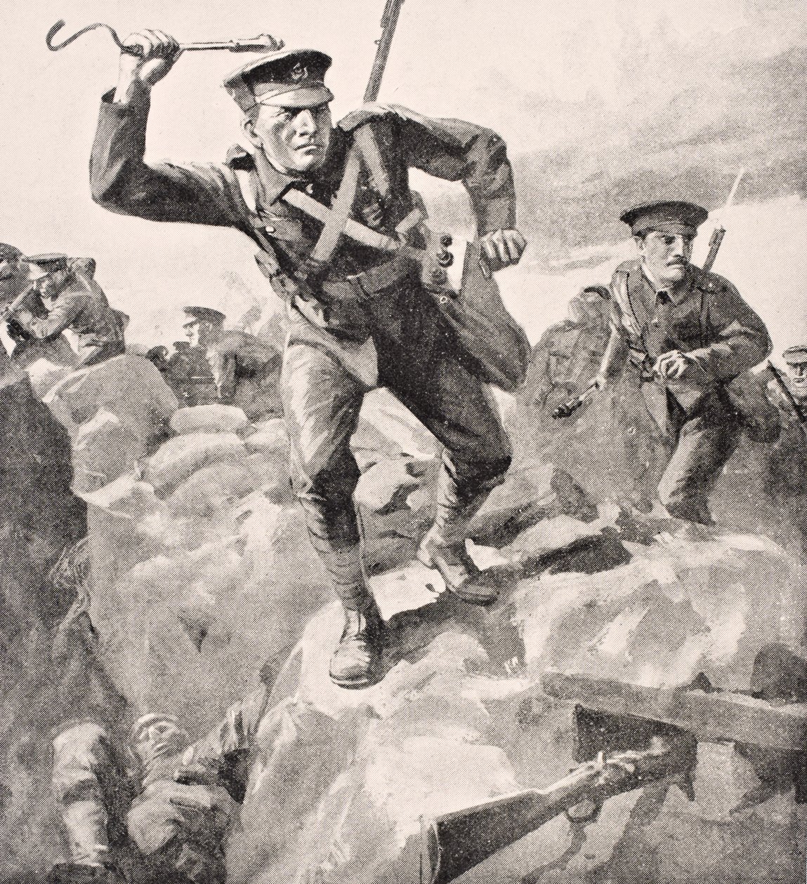 Britské jednotky útočí na německé zákopy ručními granáty, z „The War Illustrated Album deLuxe“, vydaného v Londýně, 1916 od English School