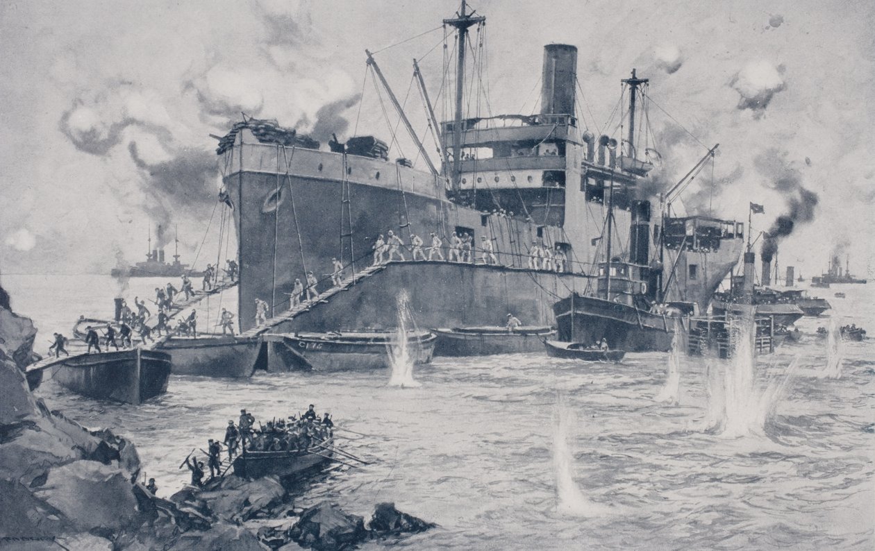 Britští vojáci se vylodili v Seddul Bahr, Gallipoli, 15. dubna 1915 od English School