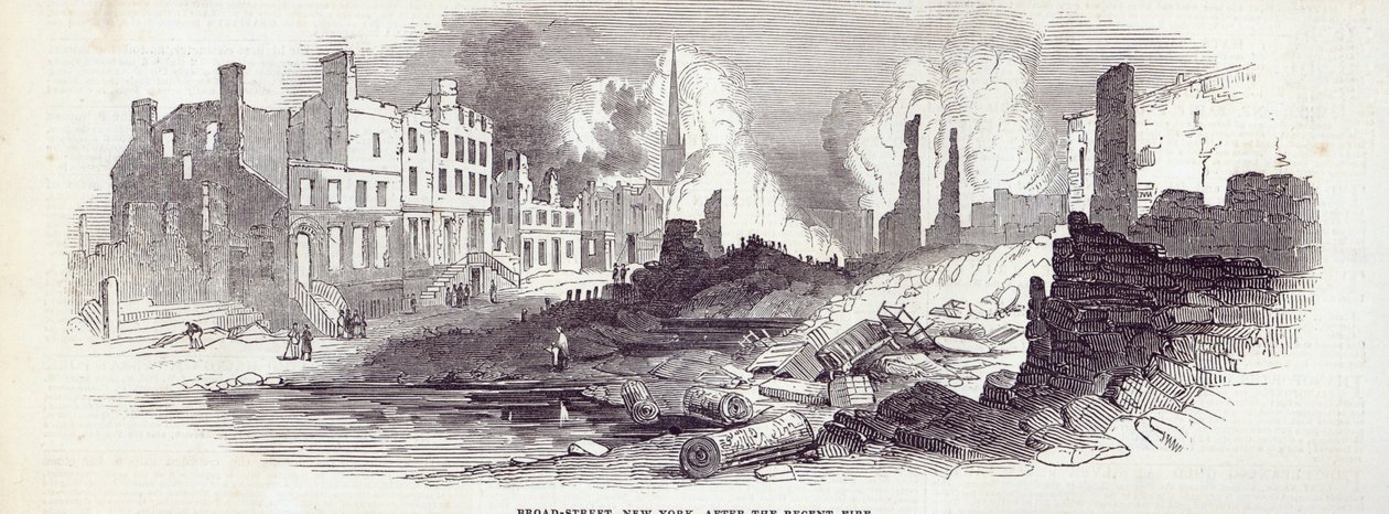 Broad-street, New York, po nedávném požáru, z „The Illustrated London News“, 23. srpna 1845 od English School