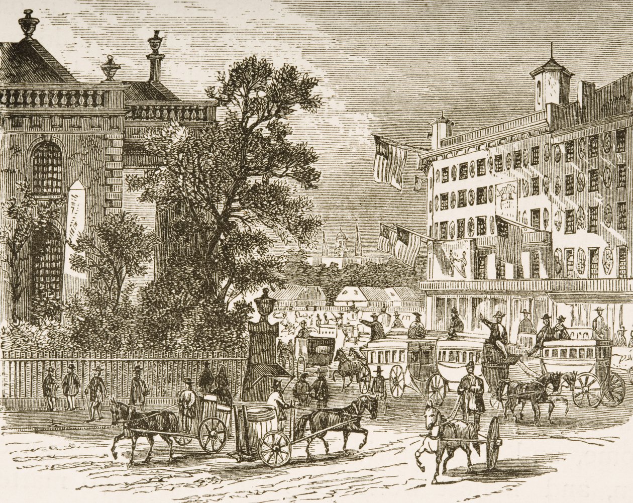 Broadway u kostela svatého Pavla v New Yorku kolem roku 1870, z knihy "American Pictures" vydané Religious Tract Society, 1876. od English School