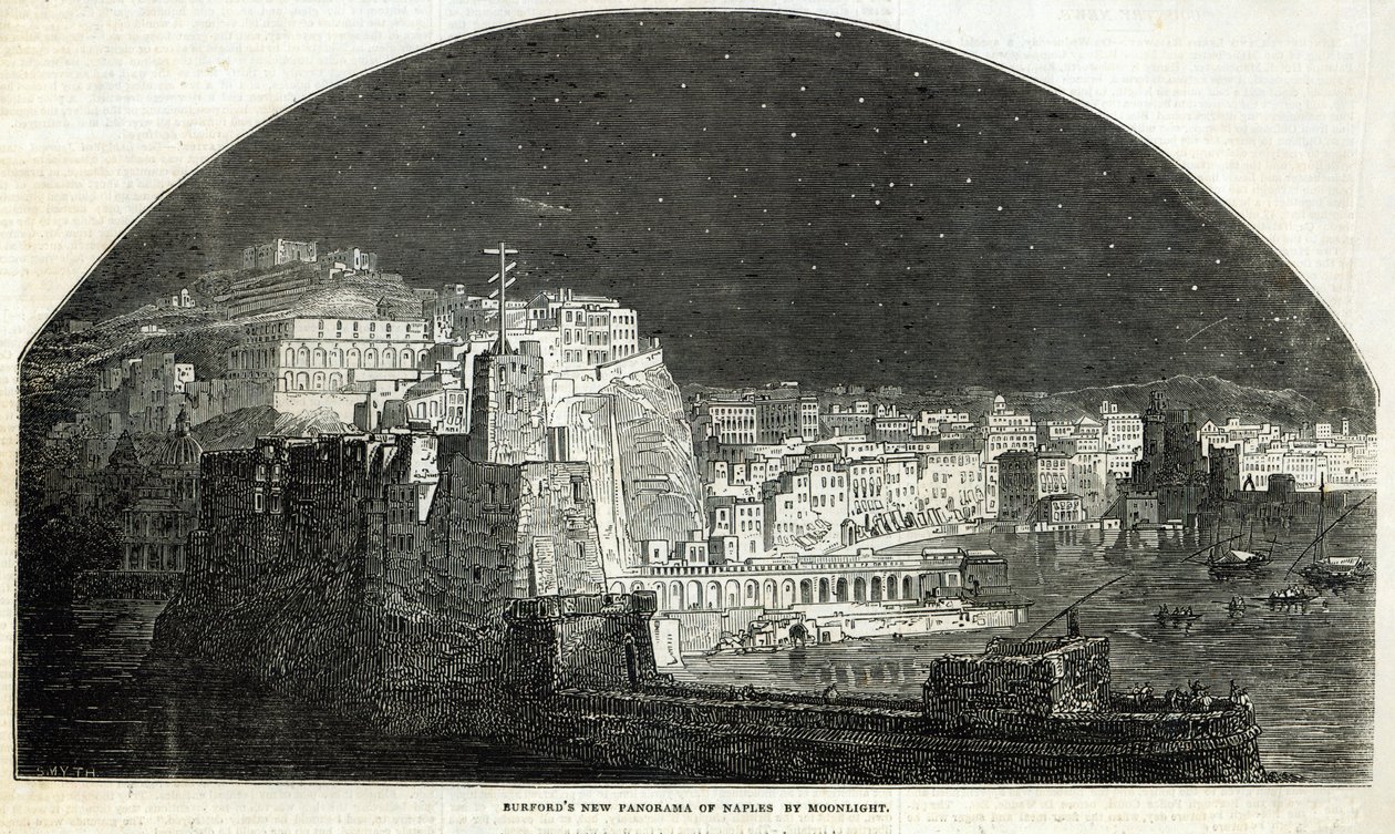 Burfordovo nové panoráma Neapole za měsíčního svitu, z „The Illustrated London News“, 11. ledna 1845 od English School