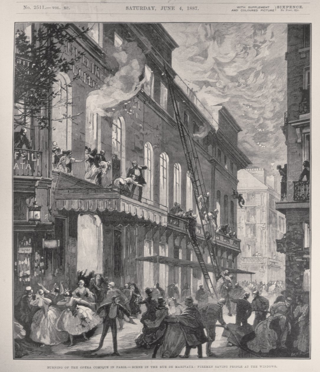Pálení opery Comique v Paříži, scéna v Rue de Marivaux: Hasiči zachraňující lidi u oken, z „The Illustrated London News“, 4. června 1887 od English School