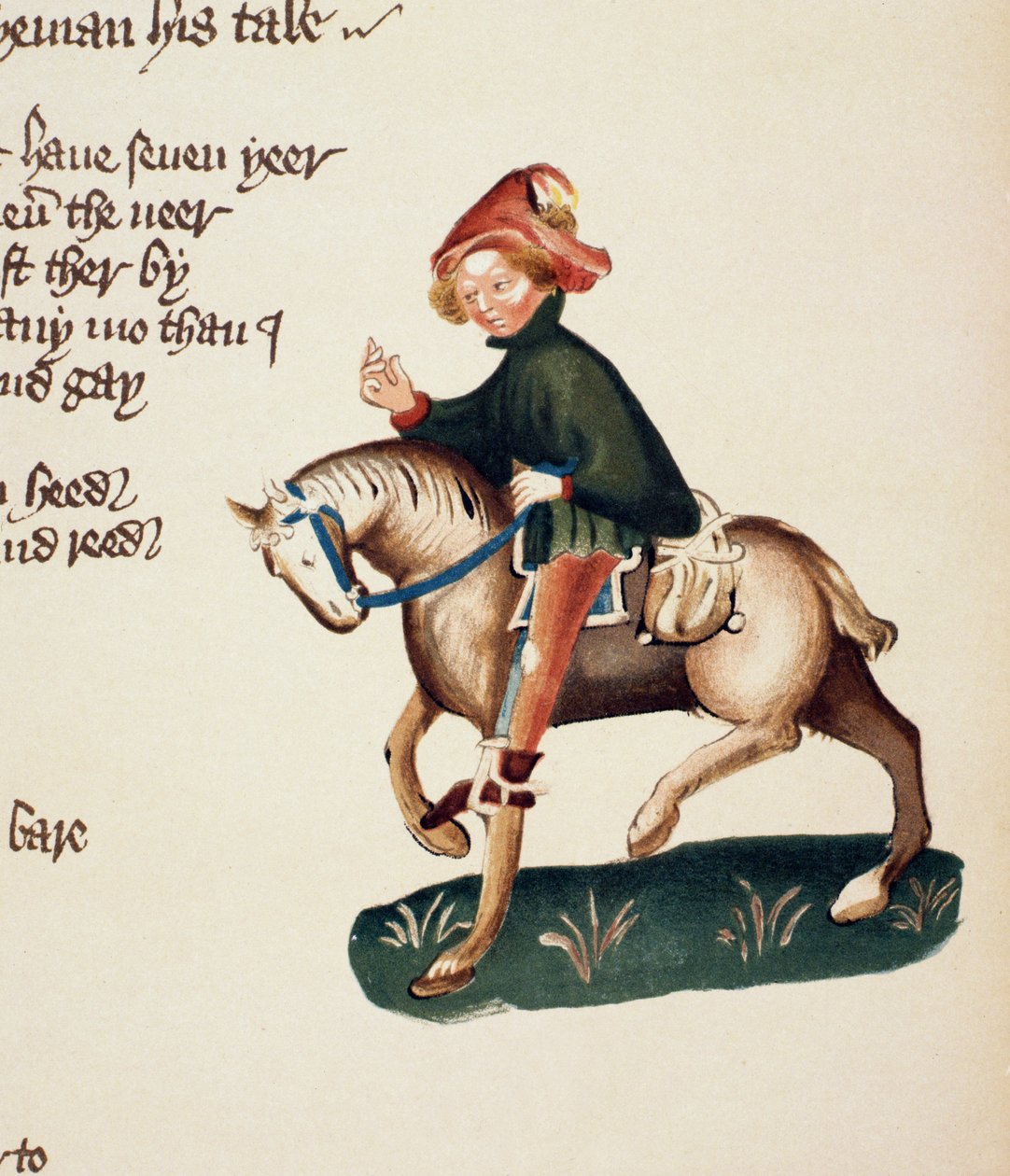 Canons Yeoman, detail z The Canterbury Tales, od Geoffreyho Chaucera (asi 1342-1400) Ellesmere Manuscript, faksimilové vydání, 1911 (originální detaily viz 21935) od English School