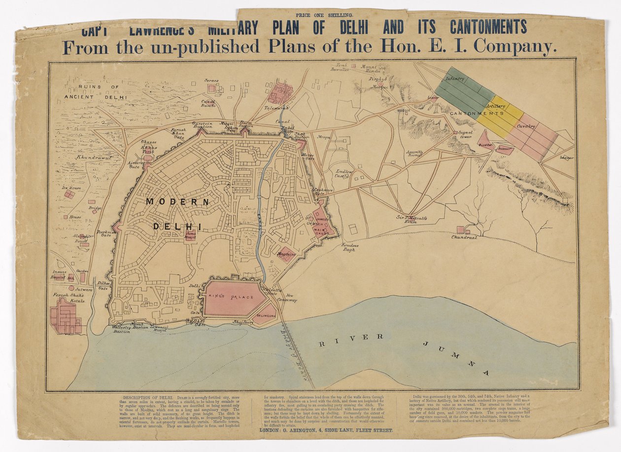 Capt Lawrences Military Plan of Delhi and its Cantonments z nepublikovaných plánů společnosti Hon E I Company, kolem roku 1860 od English School