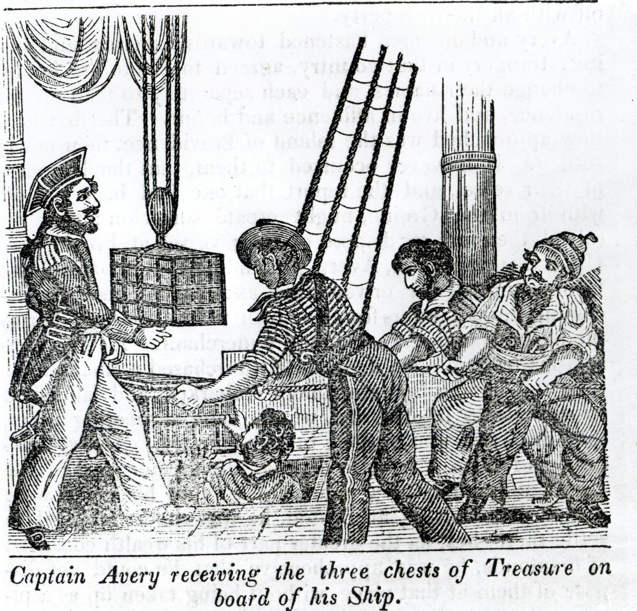 Kapitán Avery dostává na palubě své lodi tři truhly s pokladem, ilustrace z „Knihy pirátů“ 1837 od English School