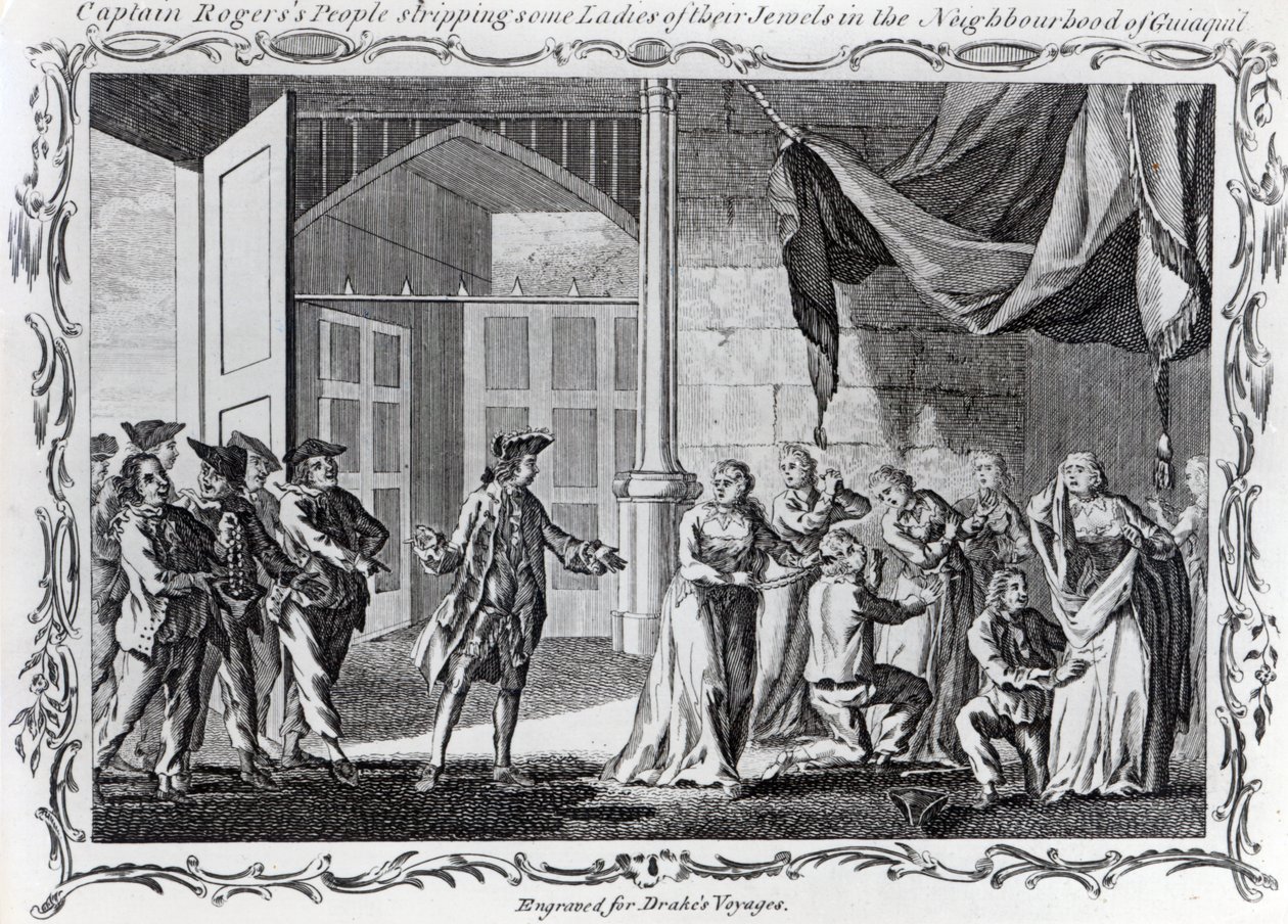Lidé kapitána Rogerse svlékají některé dámy z klenotů v sousedství Guiaquilu, 1765 od English School