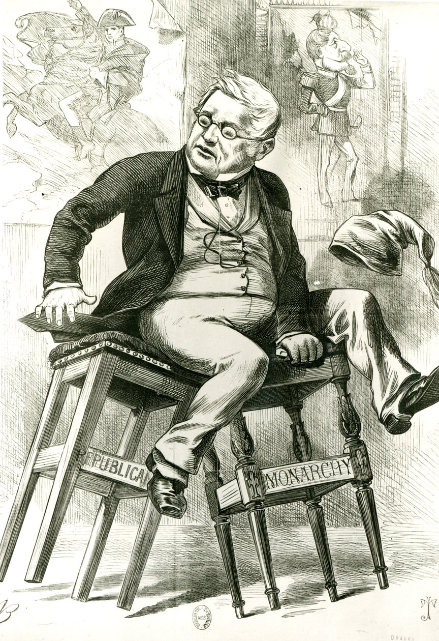Karikatura Adolphe Thiers (1797-1877) mezi dvěma stoličkami, ilustrace z 