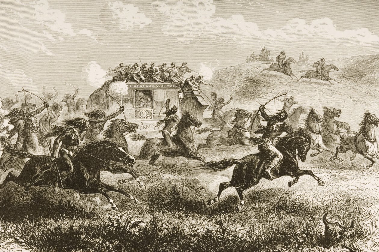 Přenášení pošty Spojených států přes Sierra Nevada v roce 1860, z „American Pictures“, vydané The Religious Tract Society, 1876 od English School