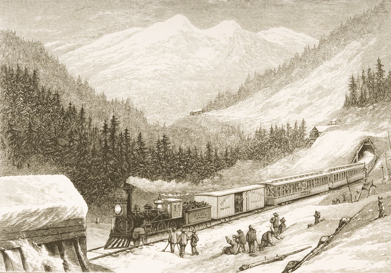 Přeprava pošty Spojených států přes Sierru Nevadu v roce 1870, z knihy "American Pictures", kterou vydala The Religious Tract Society, 1876. od English School