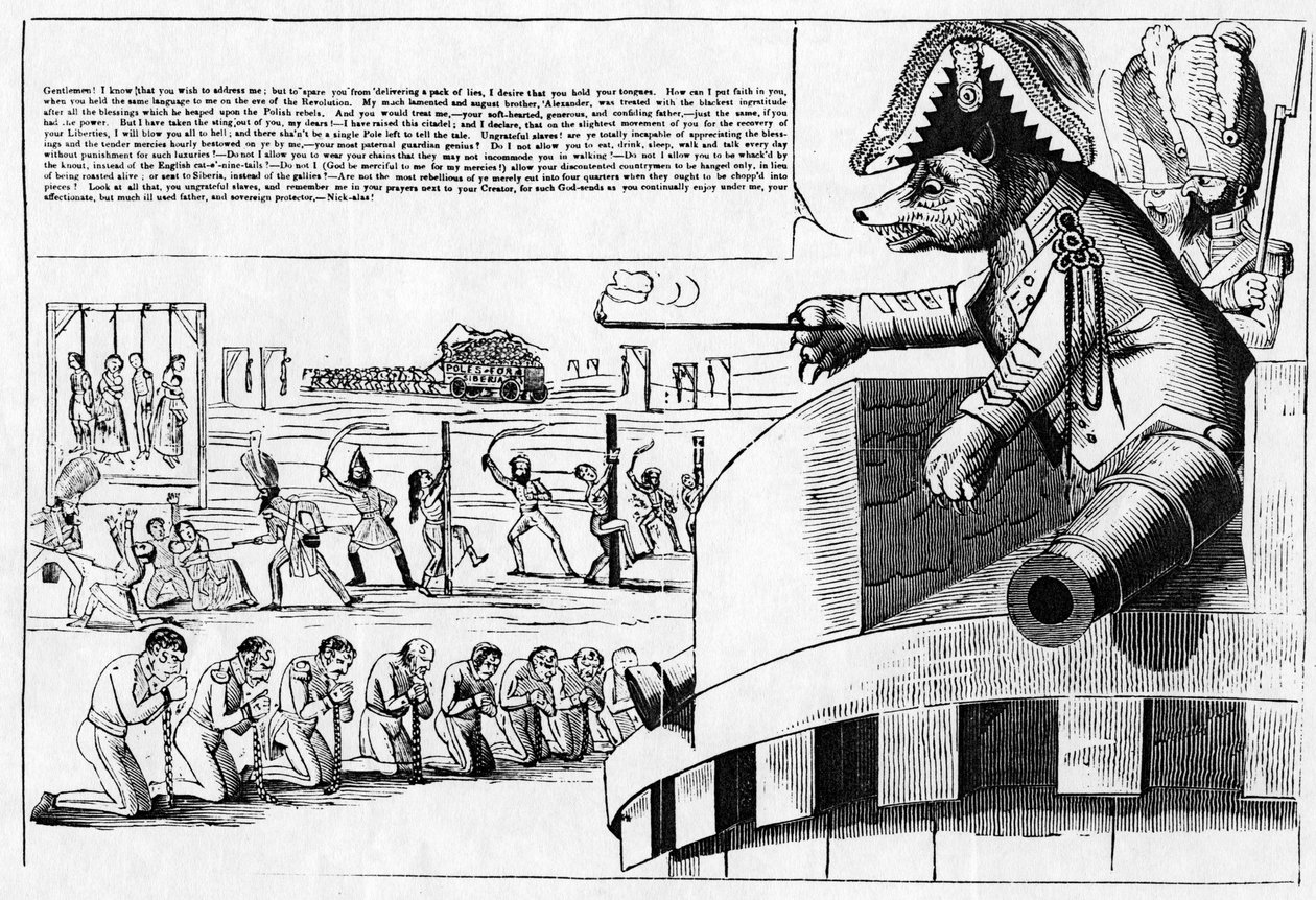 Karikatura cara Mikuláše I. jako medvěda, c. 30. léta 19. století od English School