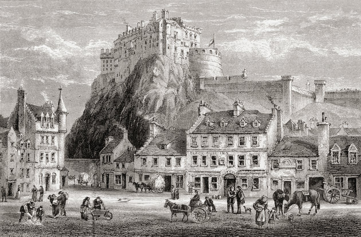 Castle and Grassmarket, Edinburgh, Skotsko, z knihy „Skotské obrázky nakreslené perem a tužkou“, od Samuela G. Greena, publikované v roce 1886 od English School
