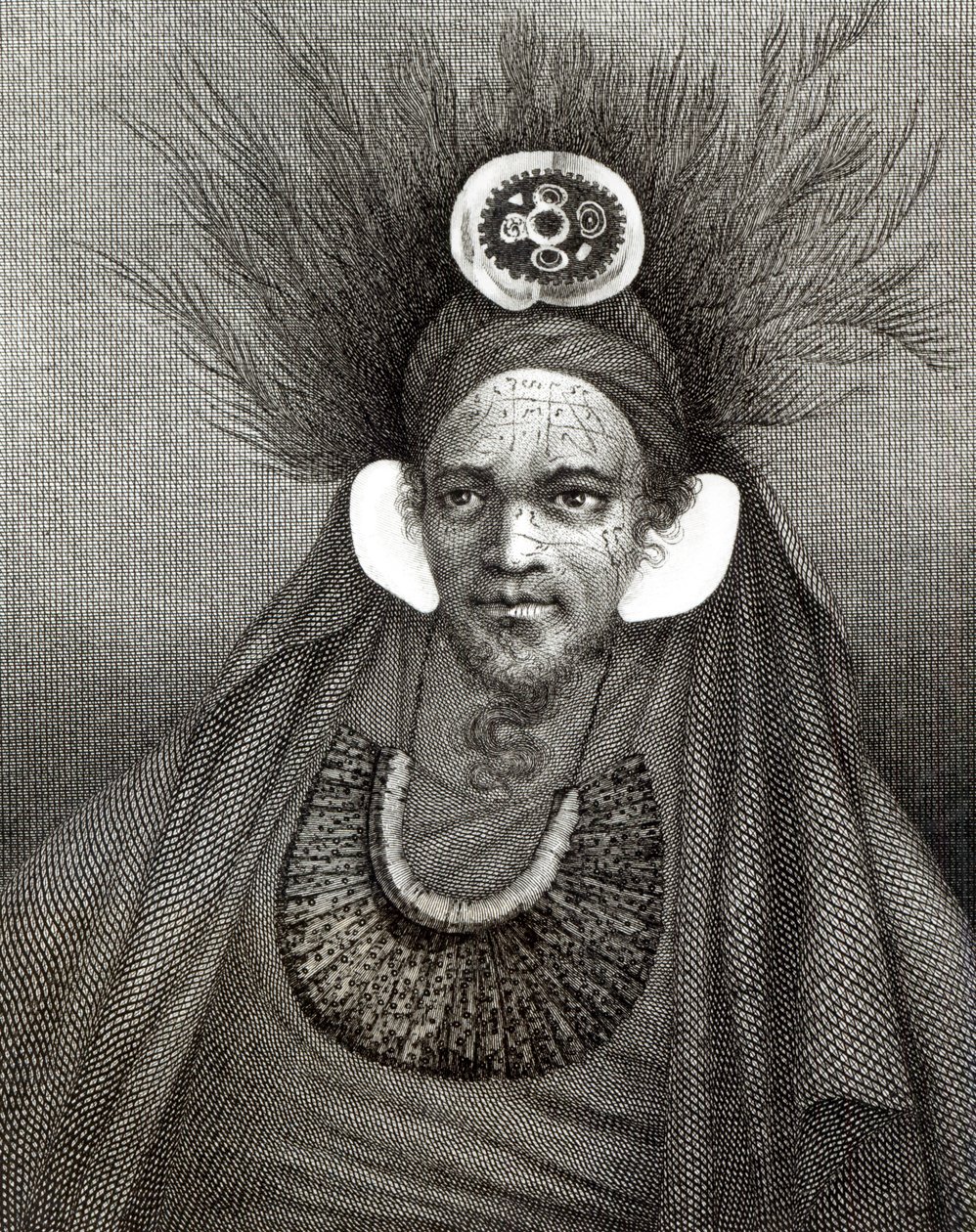 Náčelník Svaté Kristiny, ilustrace z knihy "Cesta kolem světa k jižnímu pólu", kapitán James Cook (1728-79) od English School
