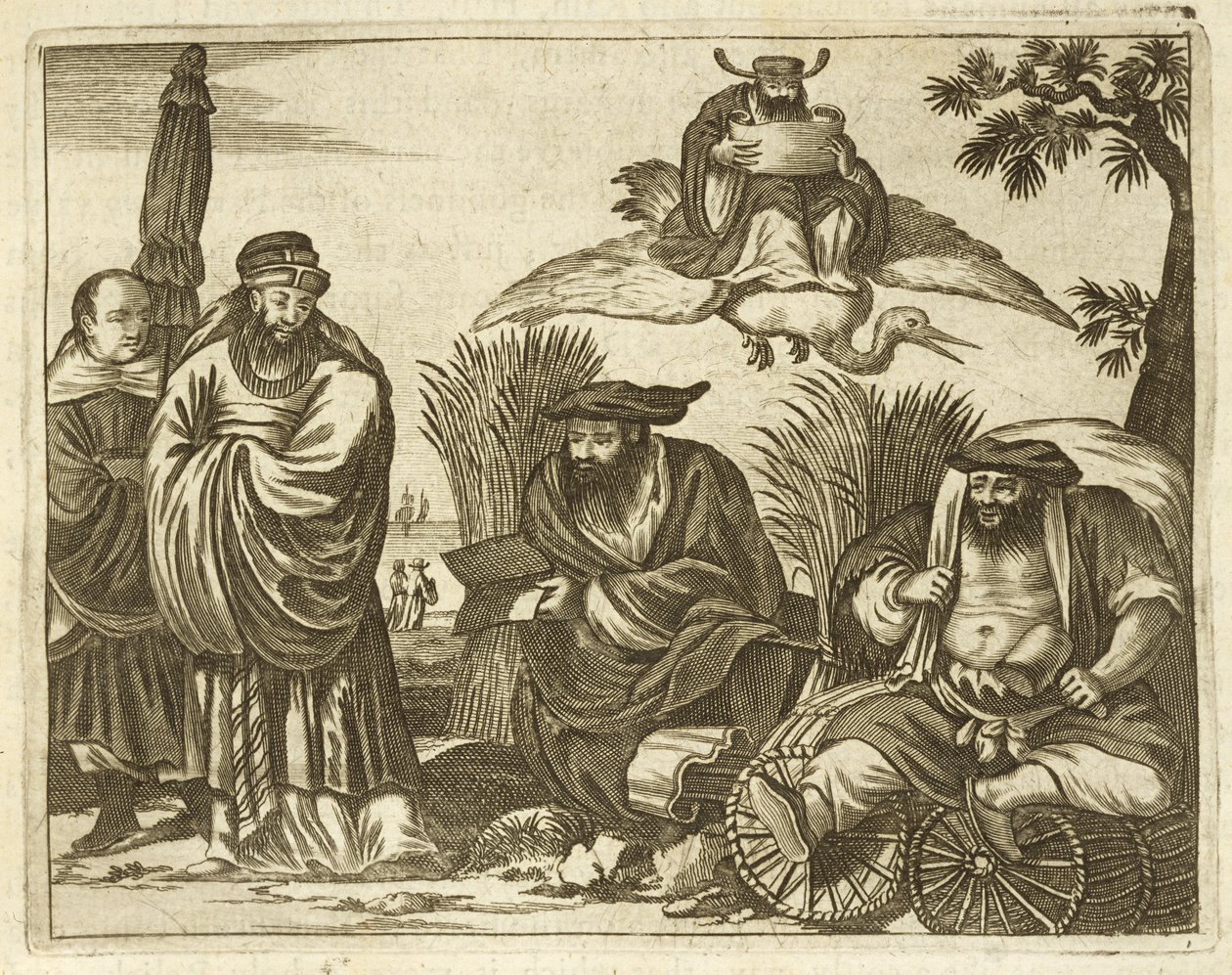 Čínští obchodníci konzultují věštce, aby zajistili bezpečnou plavbu, ilustrace z popisu velvyslanectví v Číně, 1690 od English School