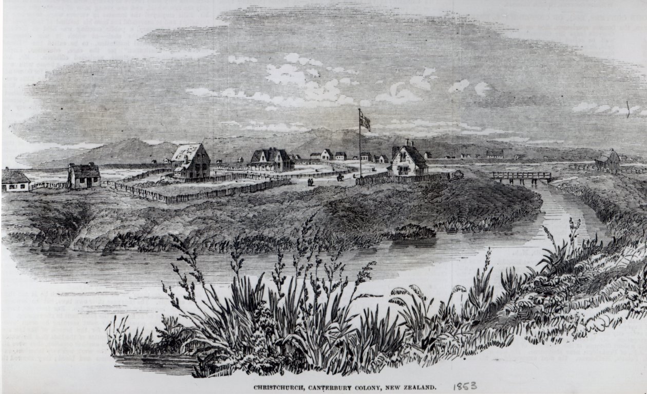Christchurch, Canterbury Colony, Nový Zéland, z „The Illustrated London News“, 9. dubna 1853 od English School