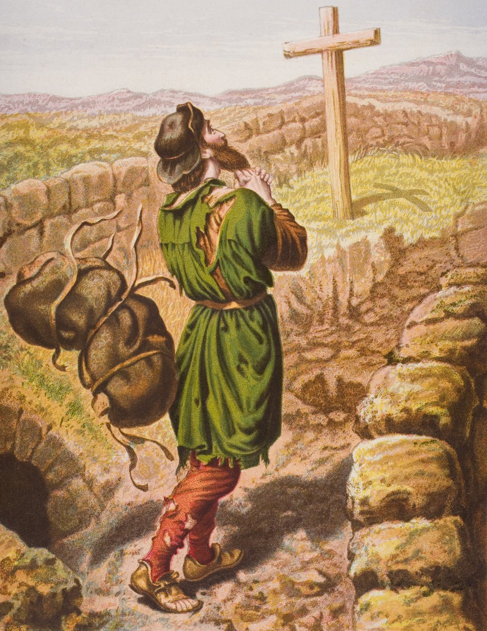 Christian ztratí své břemeno u kříže, ilustrace z „Poutníkova pokroku“ od Johna Bunyana (1628-88) od English School