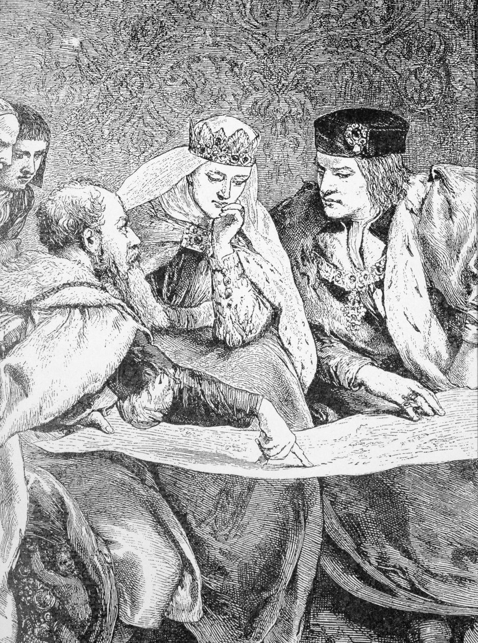 Kryštof Kolumbus (1451-1506) popisuje svou cestu do Ameriky králi Ferdinandovi II. (1452-1516) a královně Isabelle (1451-1504) od English School