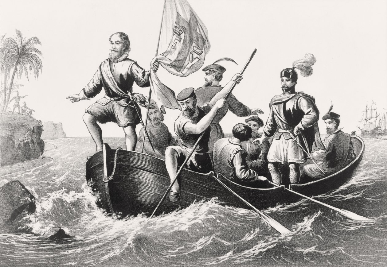 Kryštof Kolumbus vchází do San Salvadoru 12. října 1492 od English School