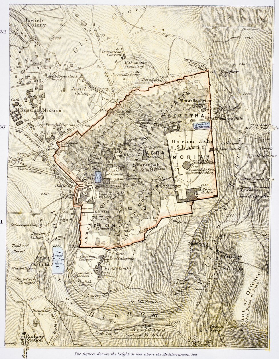 Mapa města Jeruzaléma v 90. letech 19. století, z „Občanského atlasu světa“, vydaného v Londýně kolem roku 1899 od English School