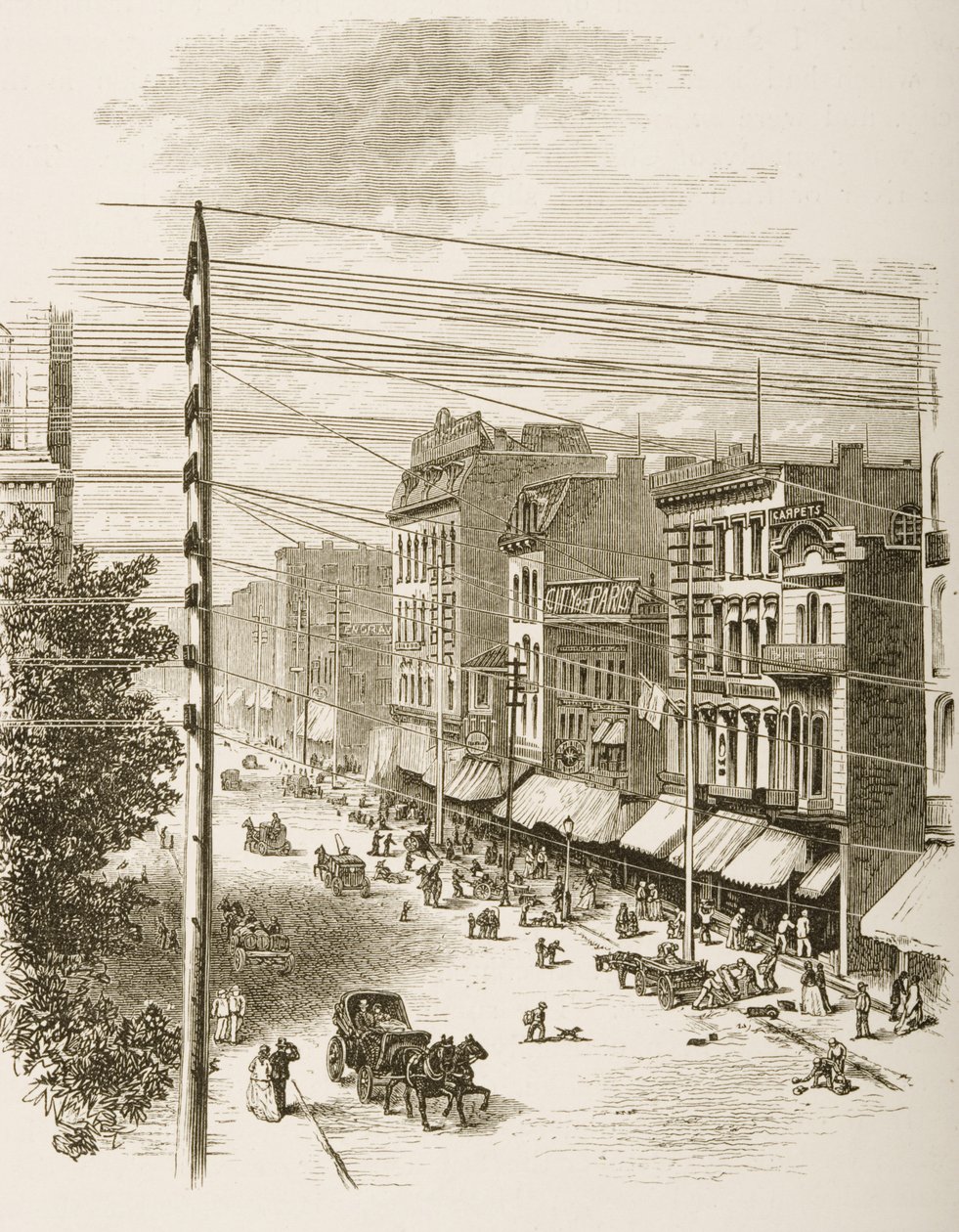 Clark Street, Chicago, kolem roku 1870, z „American Pictures“ vydané společností Religious Tract Society, 1876 od English School