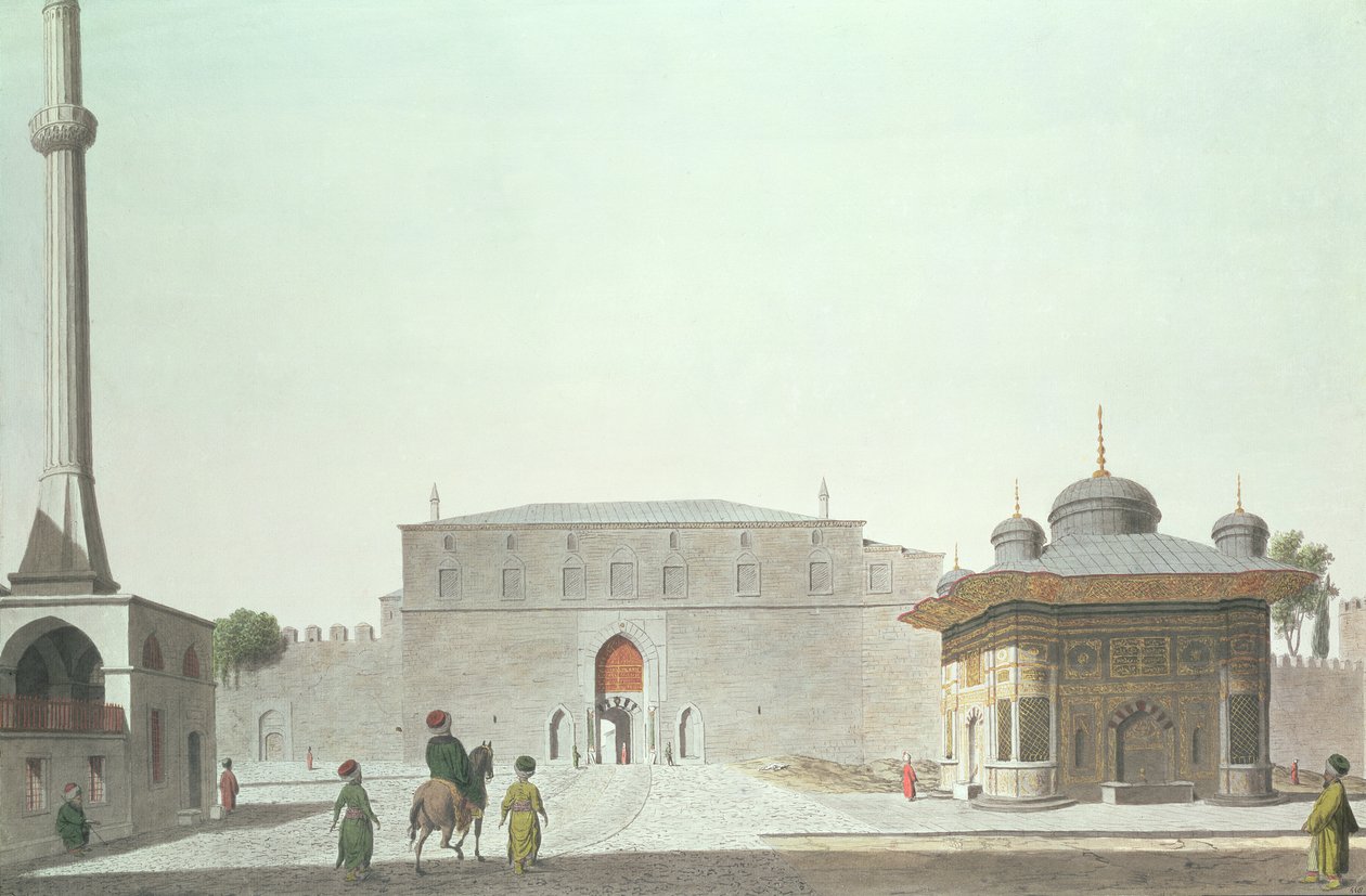 Konstantinopol: náměstí Haghia Sophia s fontánou a císařskou bránou Starého Seraglia (palác Topkapi) od English School