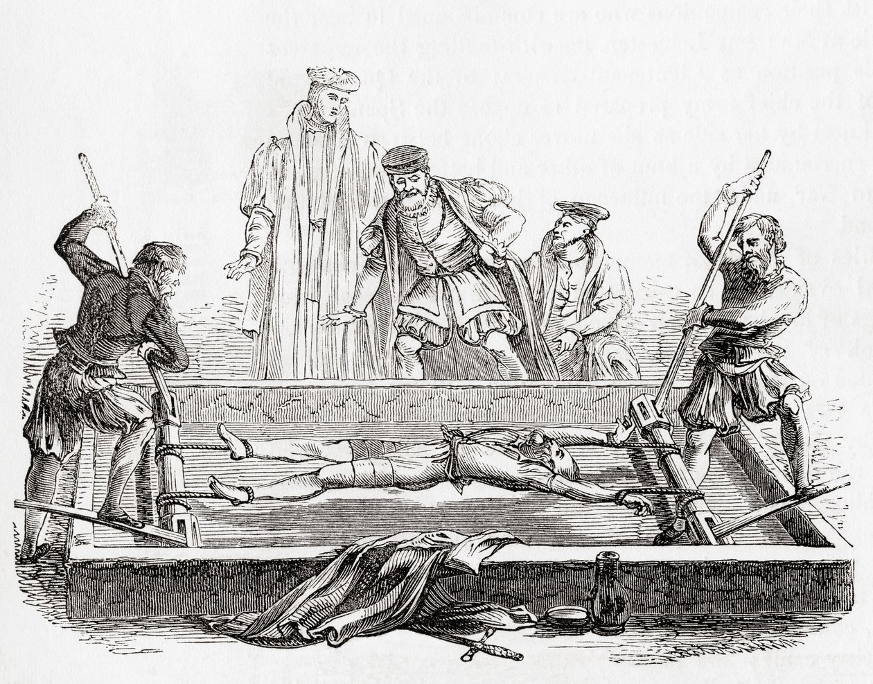 Cuthbert Simpson, také Symson, Simson nebo Symion, mučený na stojanu v Tower of London, během mariánského pronásledování, 1558, ze staré Anglie: Obrazové muzeum, hospoda. 1847 od English School