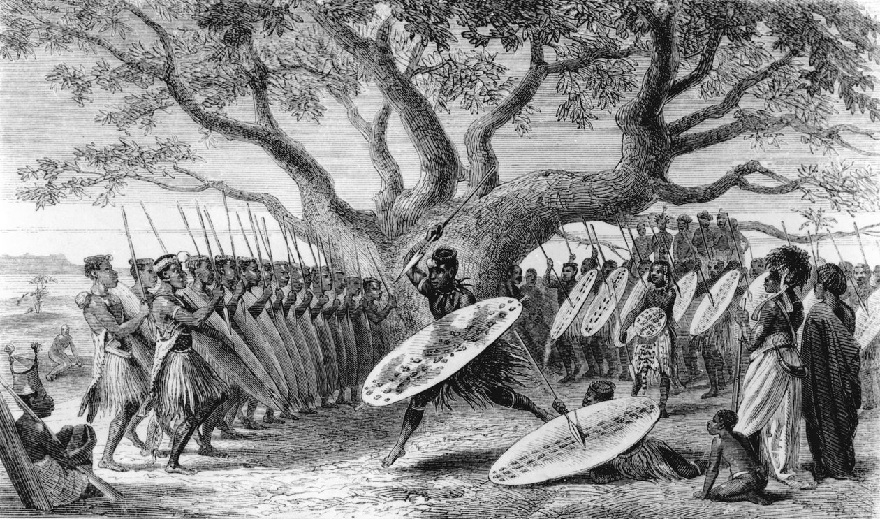 Tanec Landeenů, neboli Zulusů, dorazil do Shupanga, aby zvedl výroční poctu Portugalcům, vyryl Josiah Wood Whymper (1813-1903) od English School