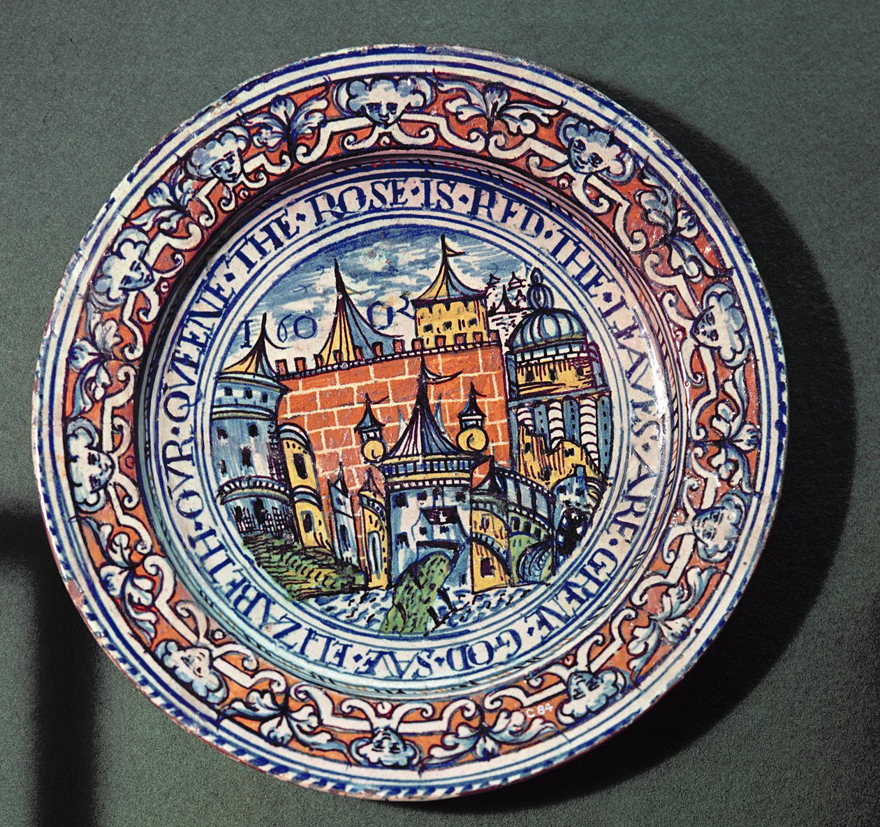 Delftská deska s výhledem na Tower of London, shora, cca 1600 (keramika) od English School