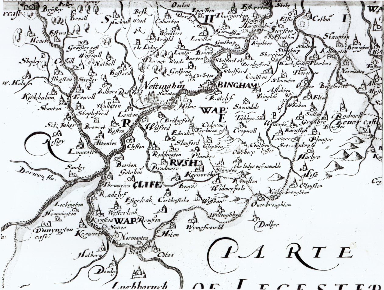 Detail mapy hrabství Nottinghamshire zobrazující město Nottingham, 1642 od English School