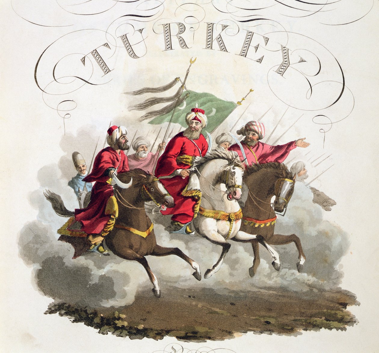 Detail titulní strany, z Kostýmy různých národů, svazek VII, Vojenský kostým Turecka, Thomas MacLean, vydáno kolem 1800-18 (ručně kolorovaná akvatinta) od English School